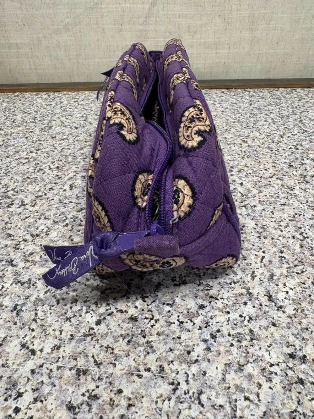 Vera Bradley Purple Quilted Paisley Fabric Zip Makeup Bag with Pockets